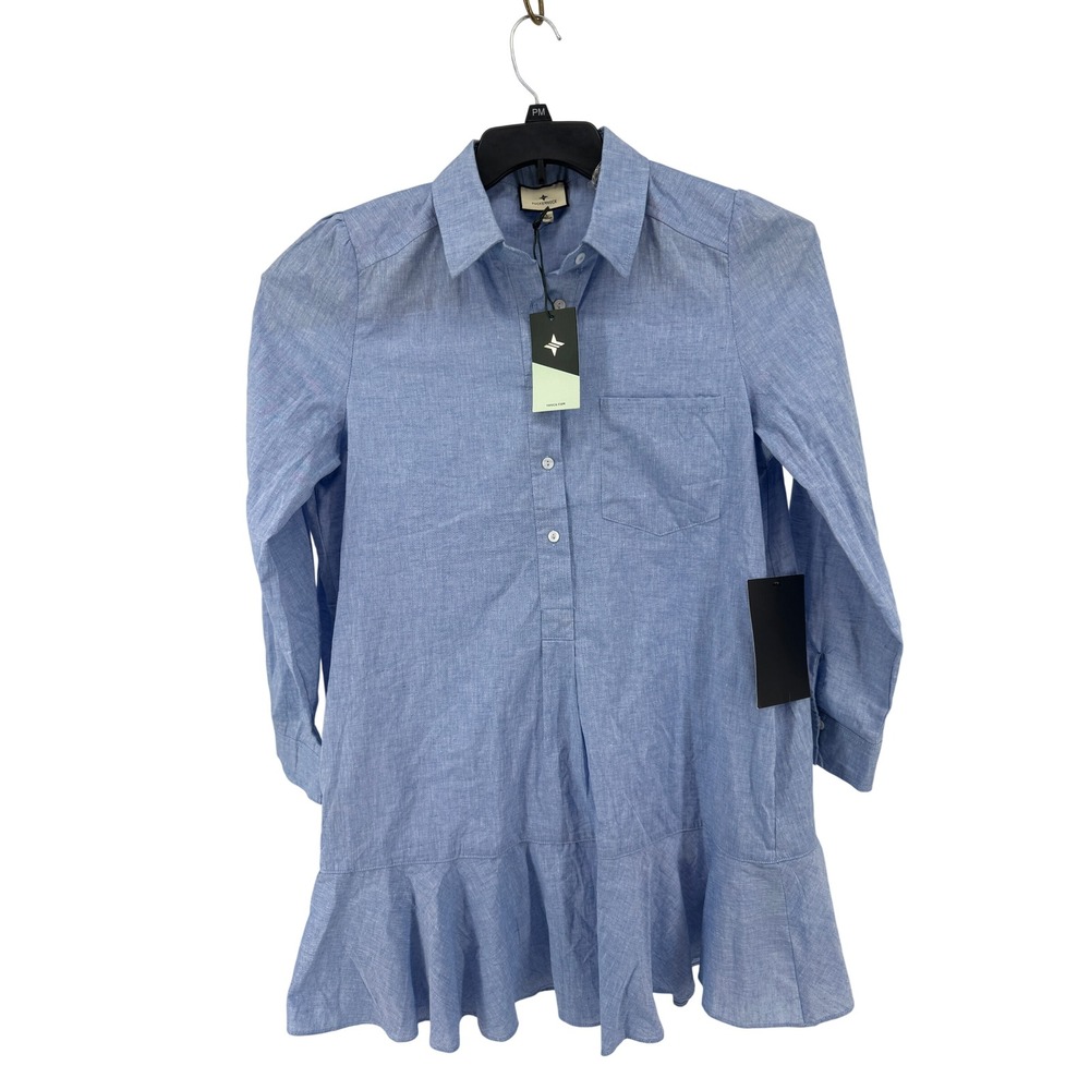 Tuckernuck Linen Blend Shirt Dress Womens Large Blue Chambray Ruffle Hem Y20060T